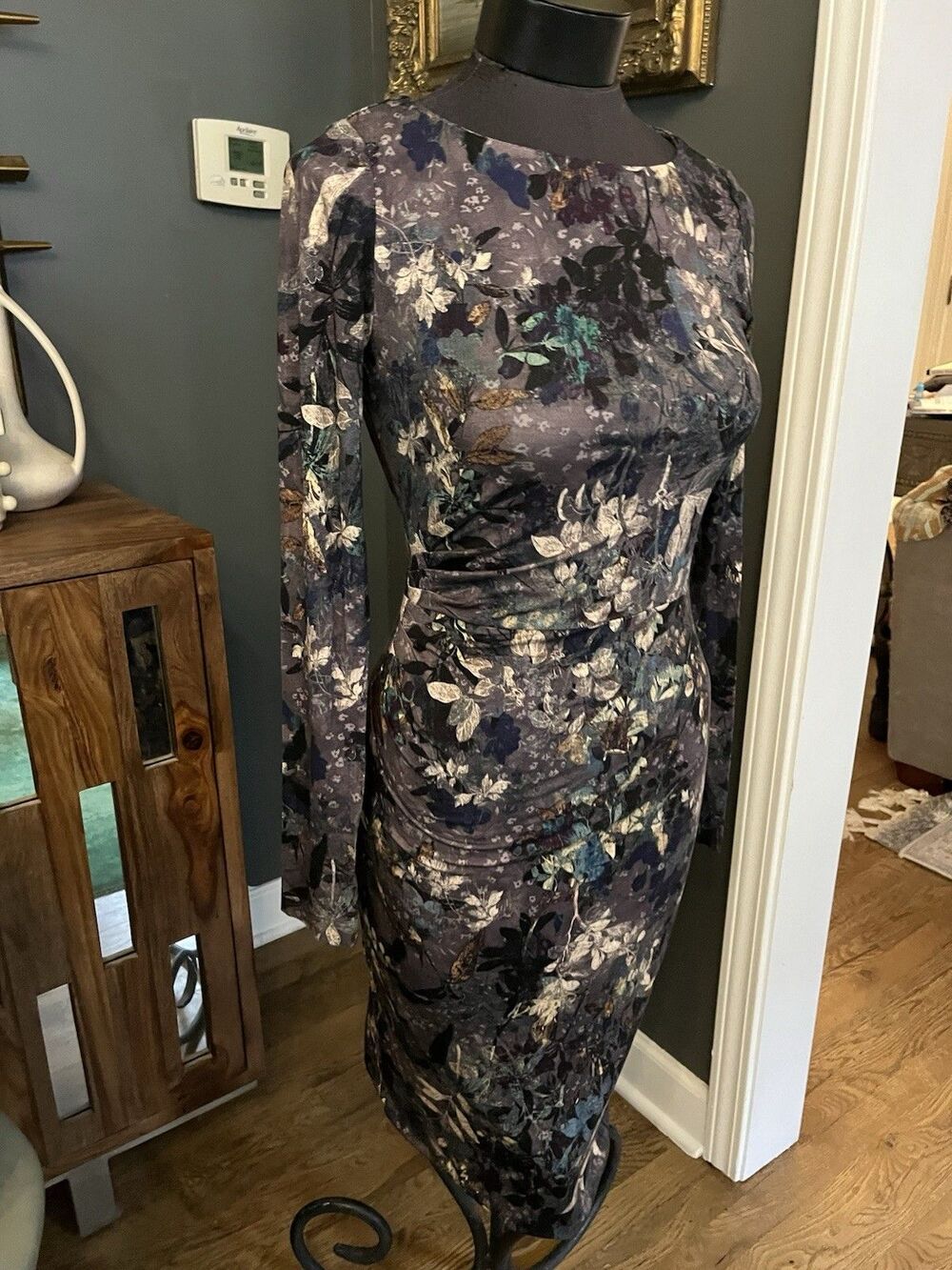 Peruvian Connection Multicolor Dark Floral Fitted Stretch Midi Dress XS Rusched